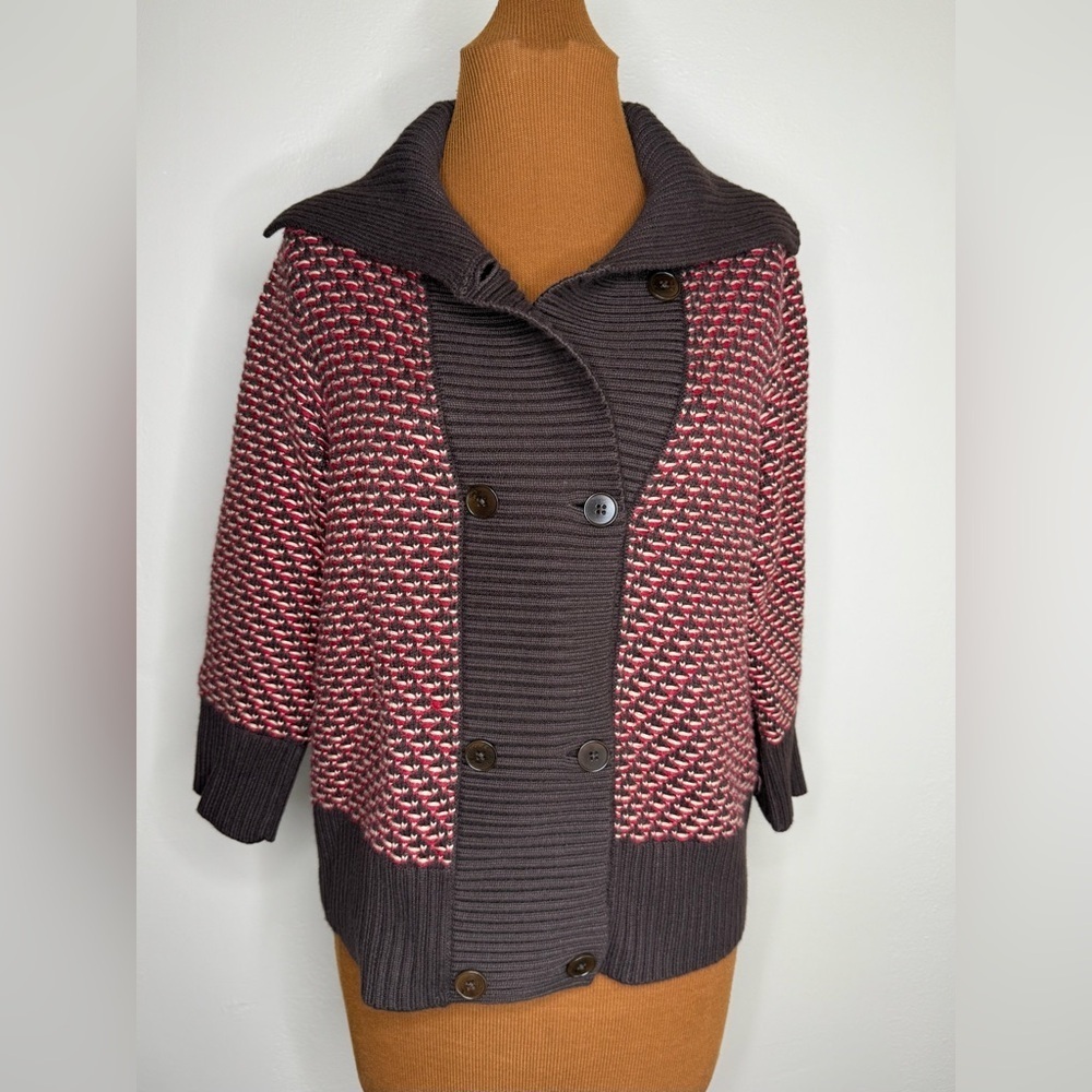 Talbots Chunky Collar Double Breasted Red Brown Cardigan Sweater Size MP